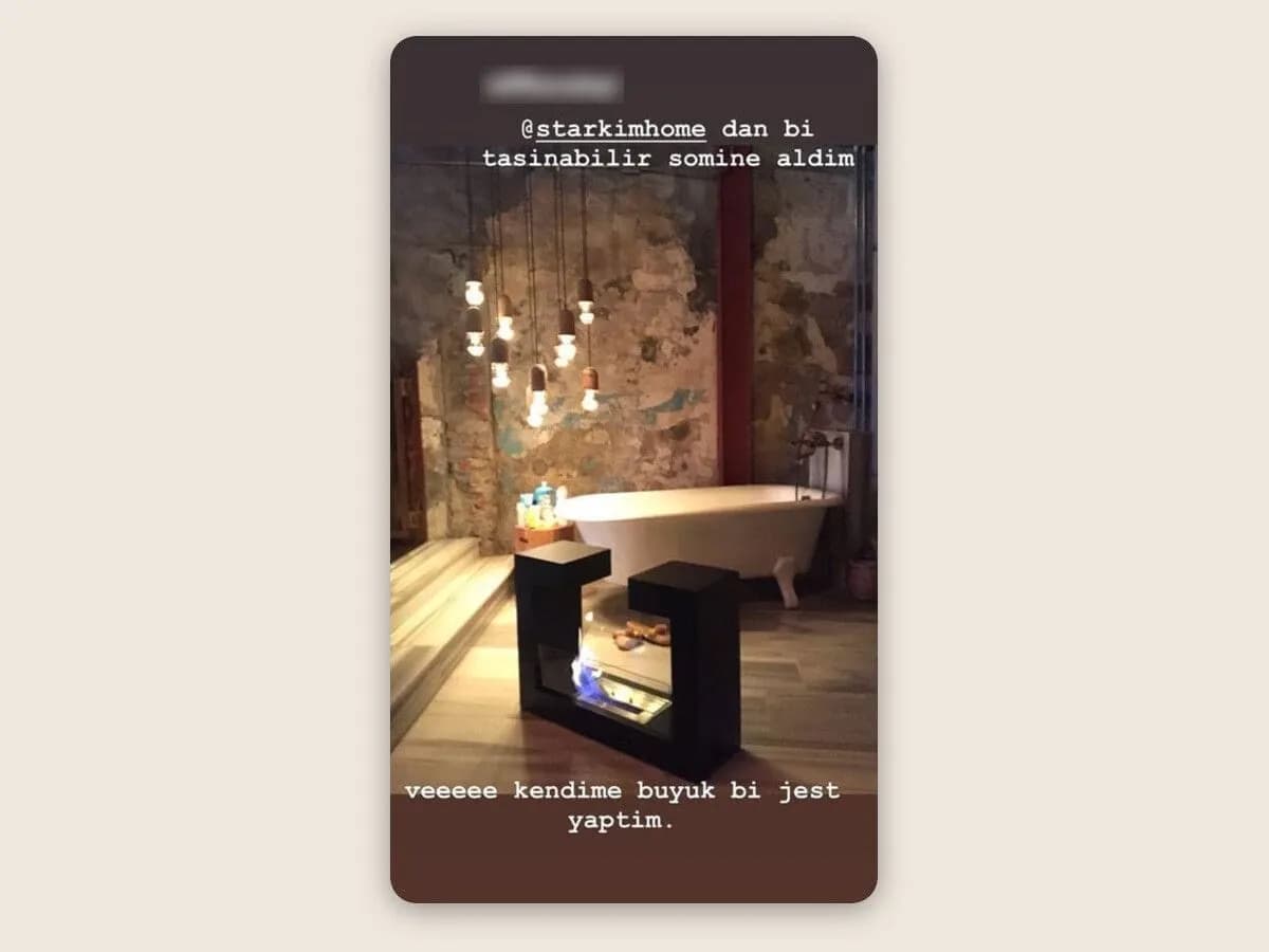 Müşterimizin banyosunda yanan Starfire şömine ile Instagram hikaye paylaşımının ekran görüntüsü