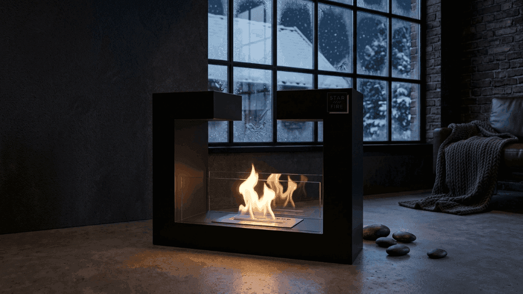 Karlı pencere önünde yanan Starfire Stylish yer tipi bacasız şömine