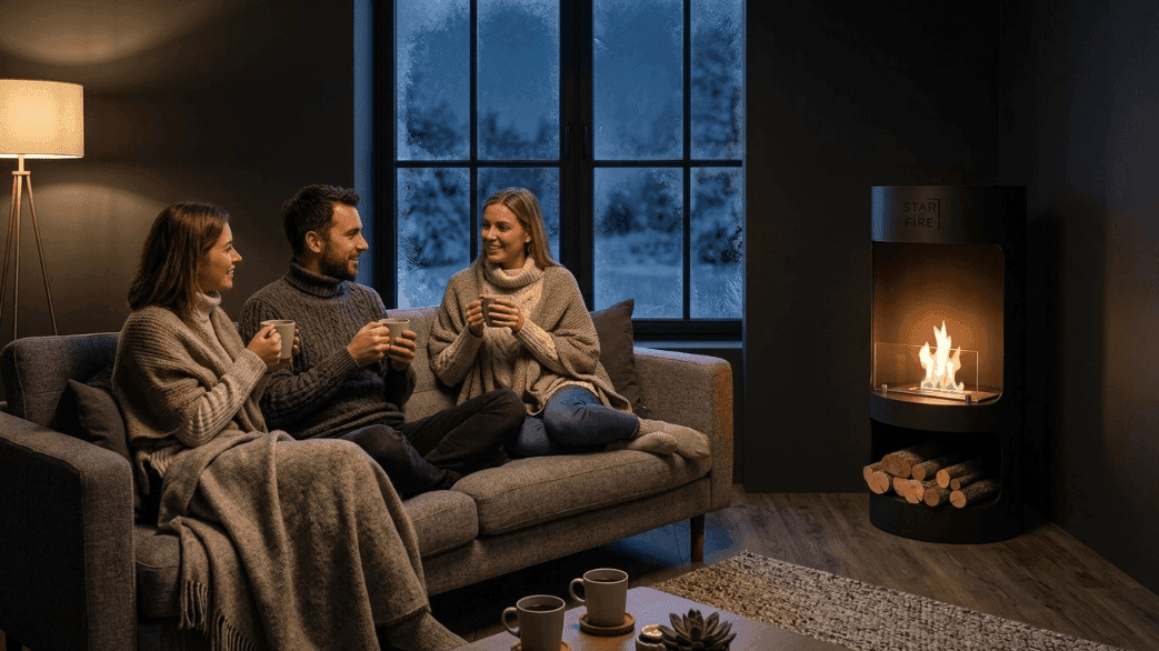 Koltukta oturan çift ve yanında yanan Starfire Cask bacasız şömine