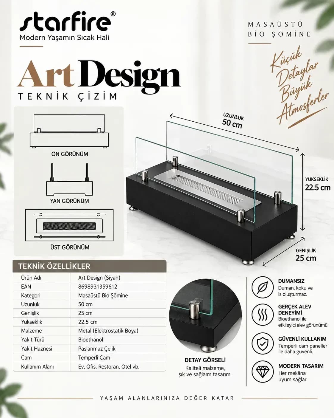 Büyütmek için çift tıklayın Art Design Masaüstü Bioetanol Şömine (Siyah) ürün görseli
