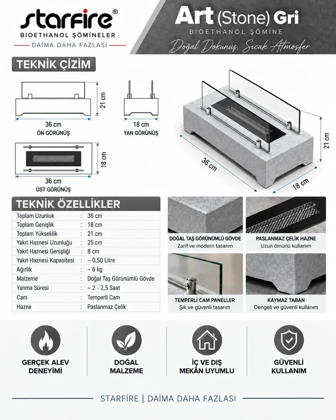 Büyütmek için çift tıklayın Art Stone Small Masaüstü Bioetanol Şömine (Gri) ürün görseli