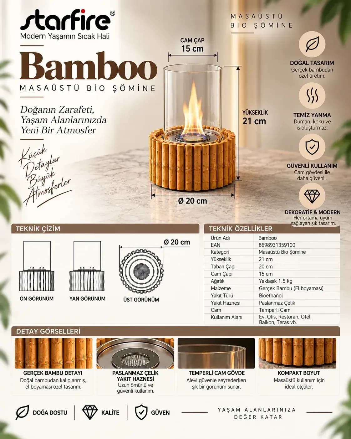 Büyütmek için çift tıklayın Bamboo Masaüstü Bioetanol Şömine ürün görseli