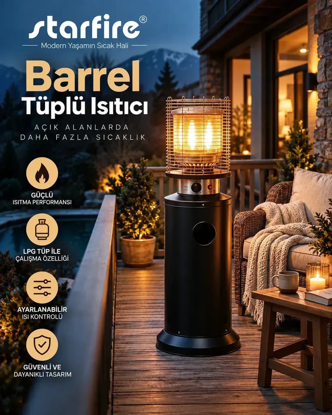 Büyütmek için çift tıklayın Starfire Barrel Tüplü Gazlı Dış Mekân Isıtıcı - Siyah ürün görseli