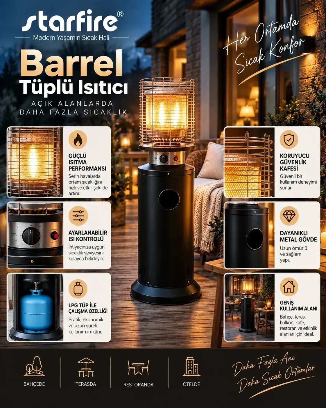 Büyütmek için çift tıklayın Starfire Barrel Tüplü Gazlı Dış Mekân Isıtıcı - Siyah ürün görseli