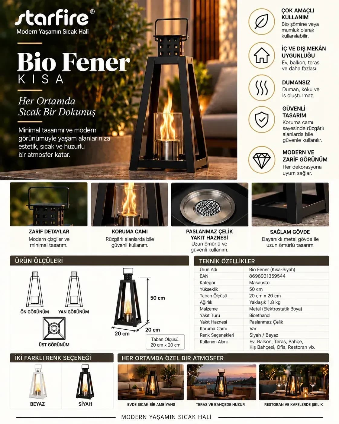 Büyütmek için çift tıklayın Bio Fener Bioetanol Şömine (Kısa, Siyah) ürün görseli