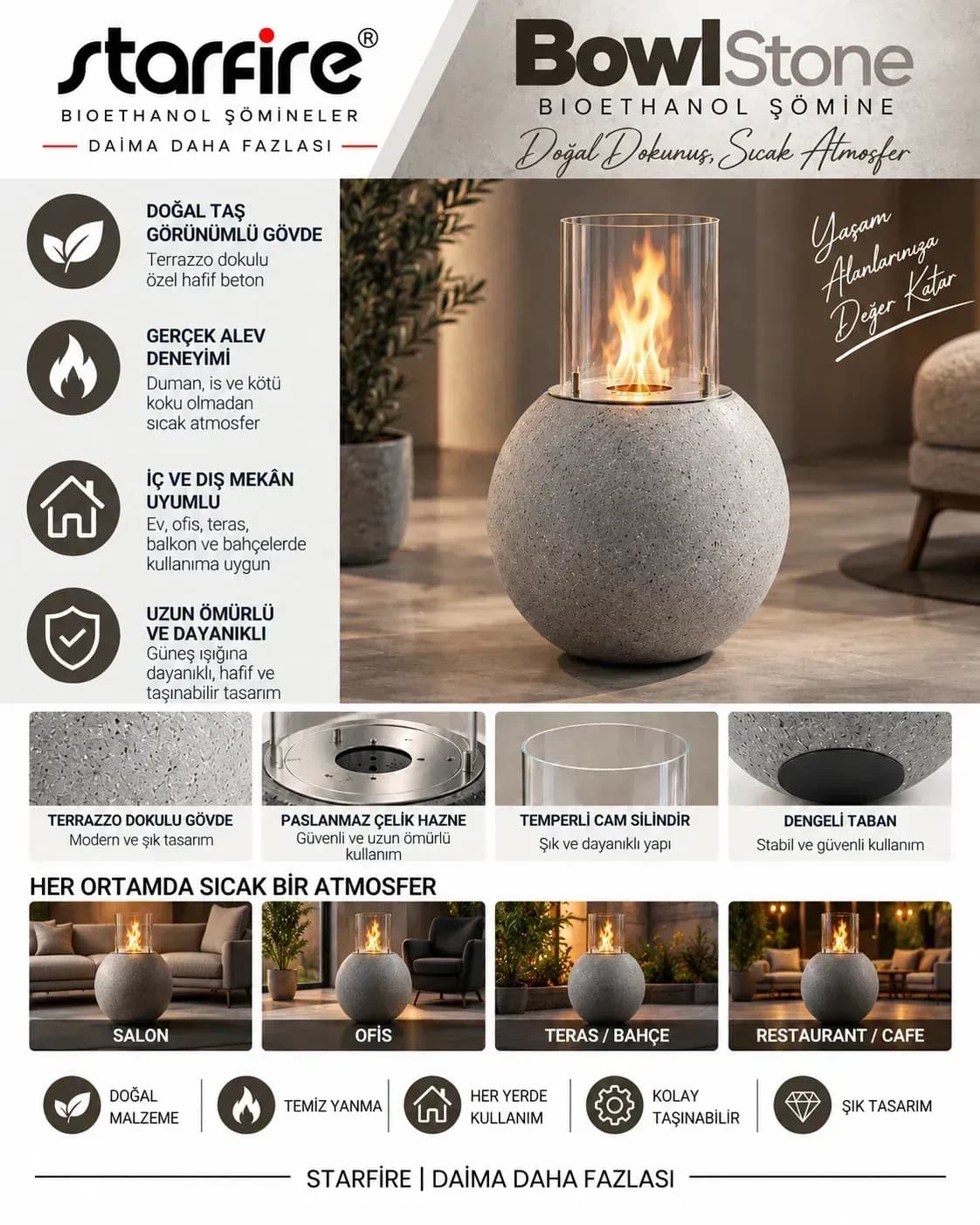 Büyütmek için çift tıklayın Starfire Bowl Stone Beton Bioetanol Şömine - Gri ürün görseli