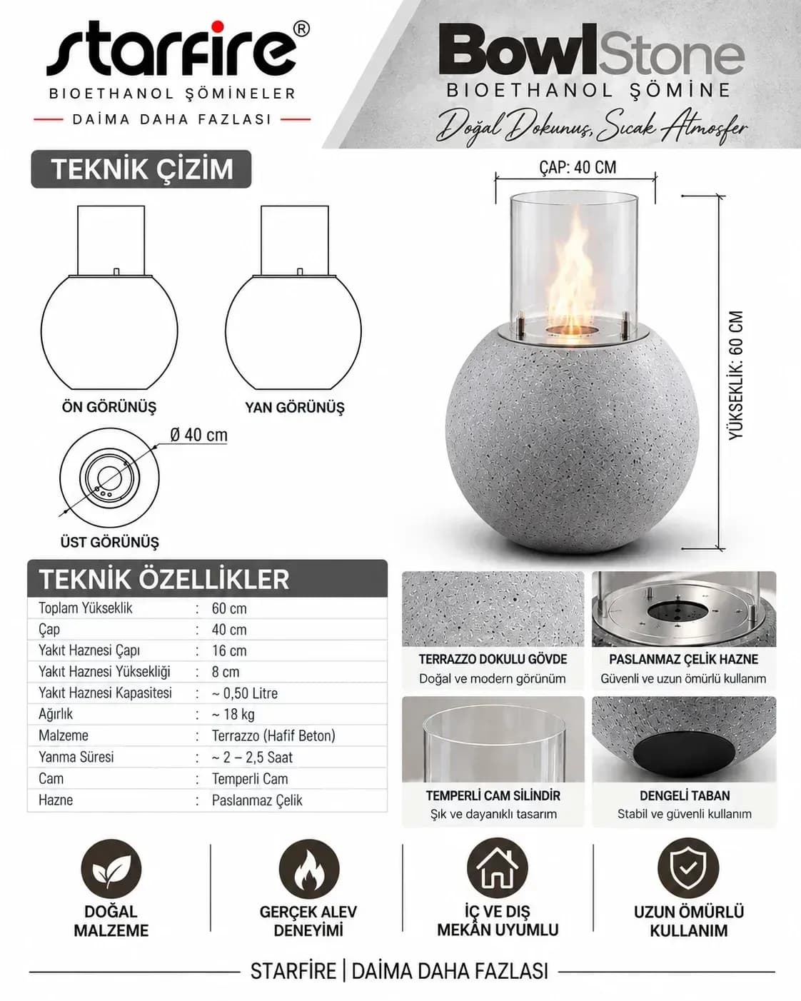 Büyütmek için çift tıklayın Starfire Bowl Stone Beton Bioetanol Şömine - Gri ürün görseli