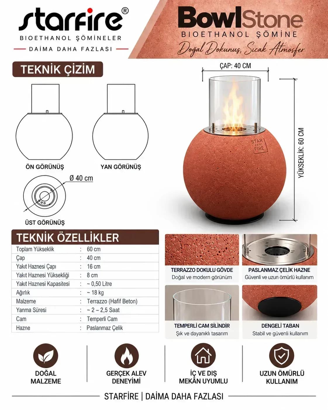 Büyütmek için çift tıklayın Starfire Bowl Stone Beton Bioetanol Şömine - Kırmızı ürün görseli