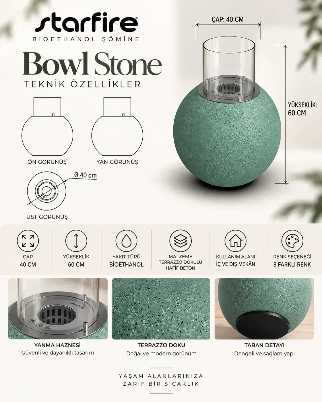 Büyütmek için çift tıklayın Starfire Bowl Stone Beton Bioetanol Şömine - Yeşil ürün görseli