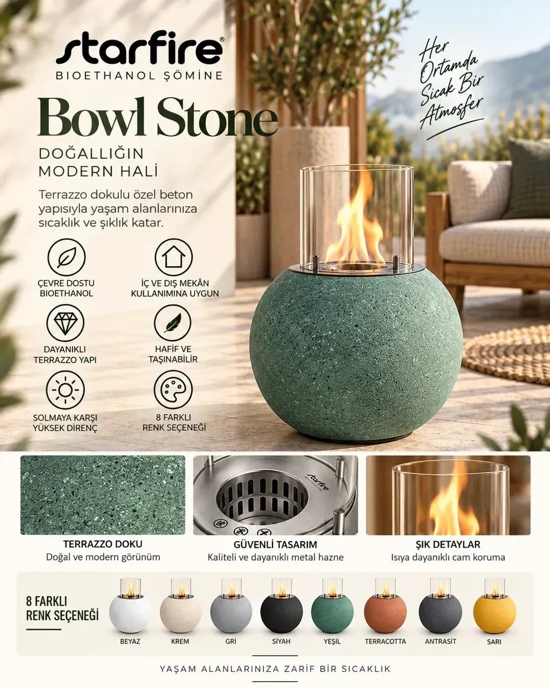 Büyütmek için çift tıklayın Starfire Bowl Stone Beton Bioetanol Şömine - Yeşil ürün görseli