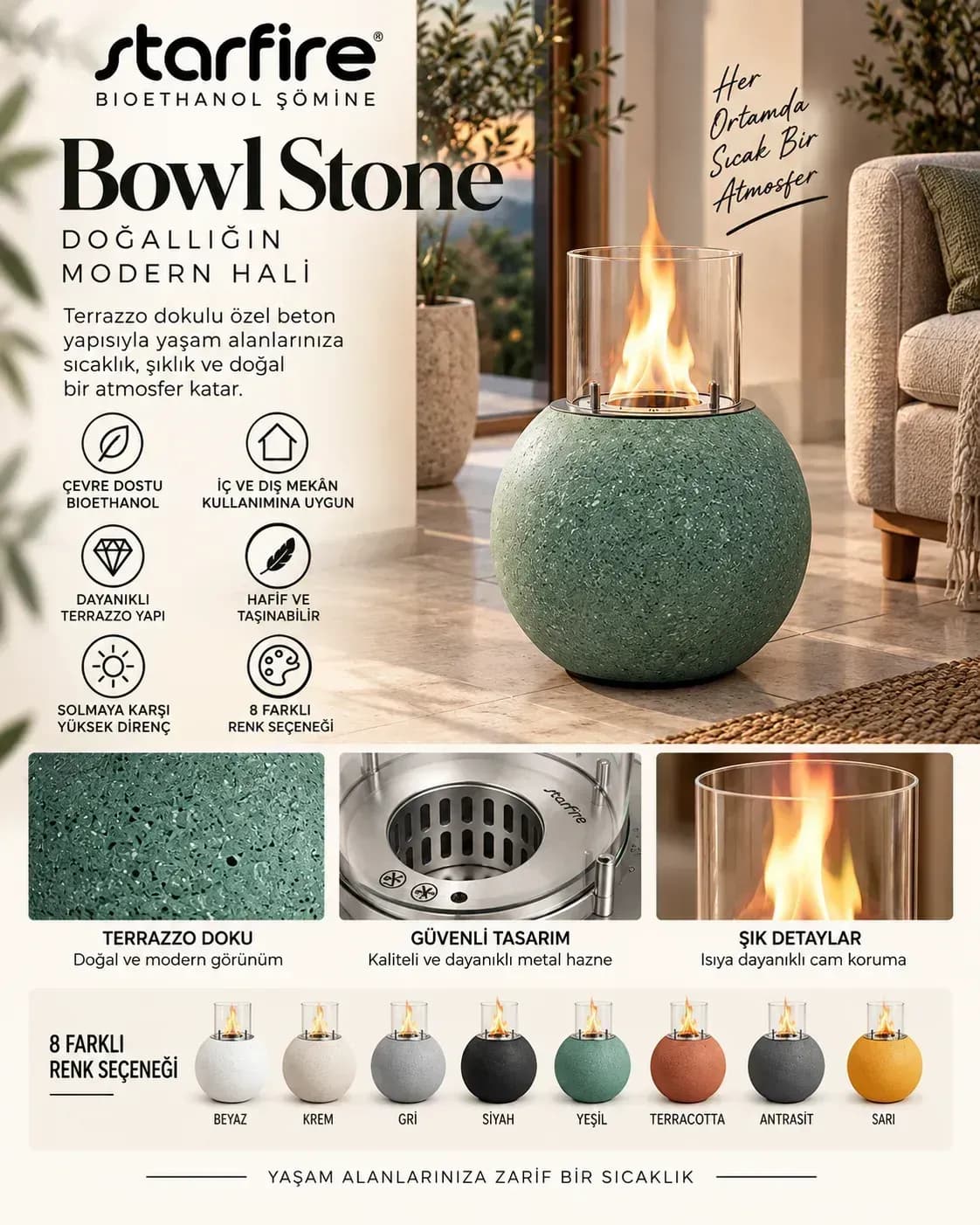 Büyütmek için çift tıklayın Starfire Bowl Stone Beton Bioetanol Şömine - Yeşil ürün görseli