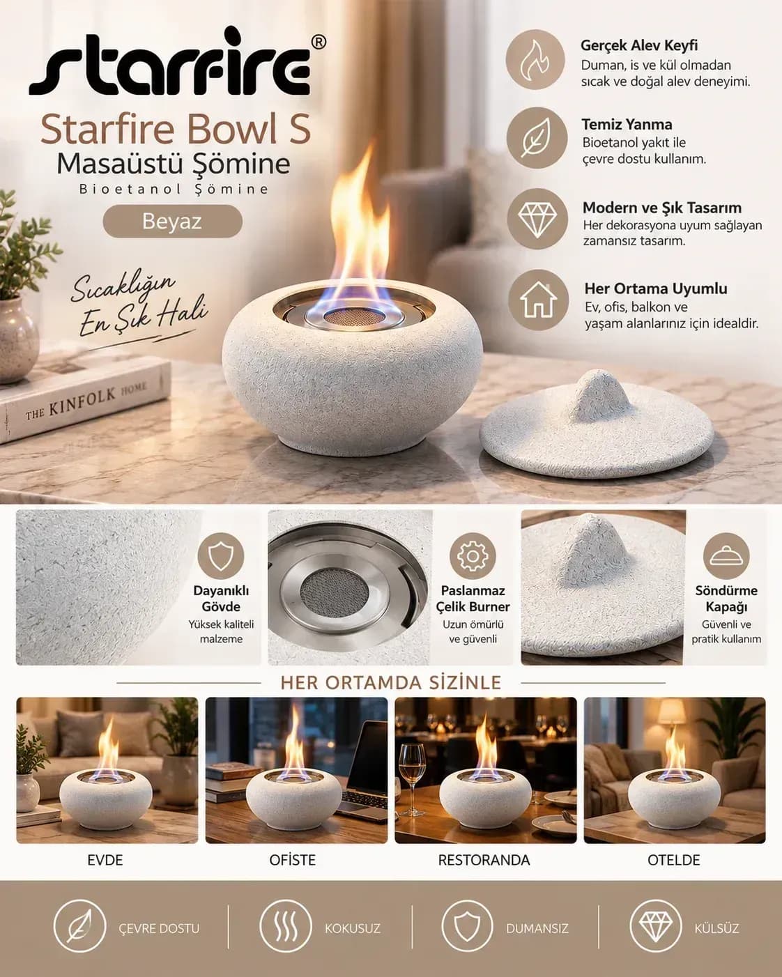 Büyütmek için çift tıklayın Starfire Bowl S Masaüstü Şömine Bioetanol Şömine - Beyaz