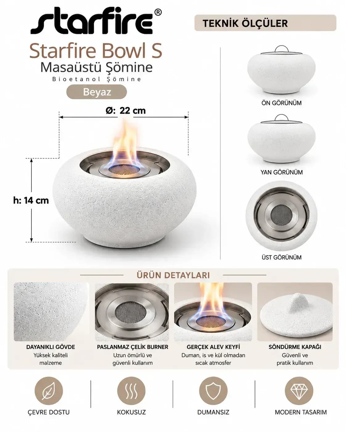 Büyütmek için çift tıklayın Starfire Bowl S Masaüstü Şömine Bioetanol Şömine - Beyaz