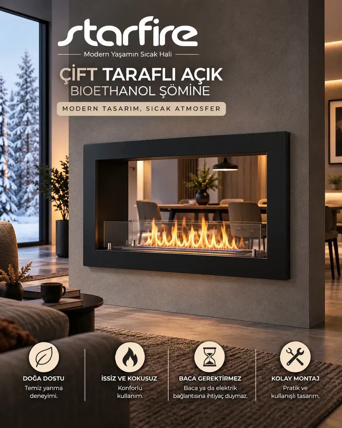 Büyütmek için çift tıklayın Starfire Çift Taraf Açık Duvar Tipi Bioetanol Şömine 60 cm - Siyah ürün görseli