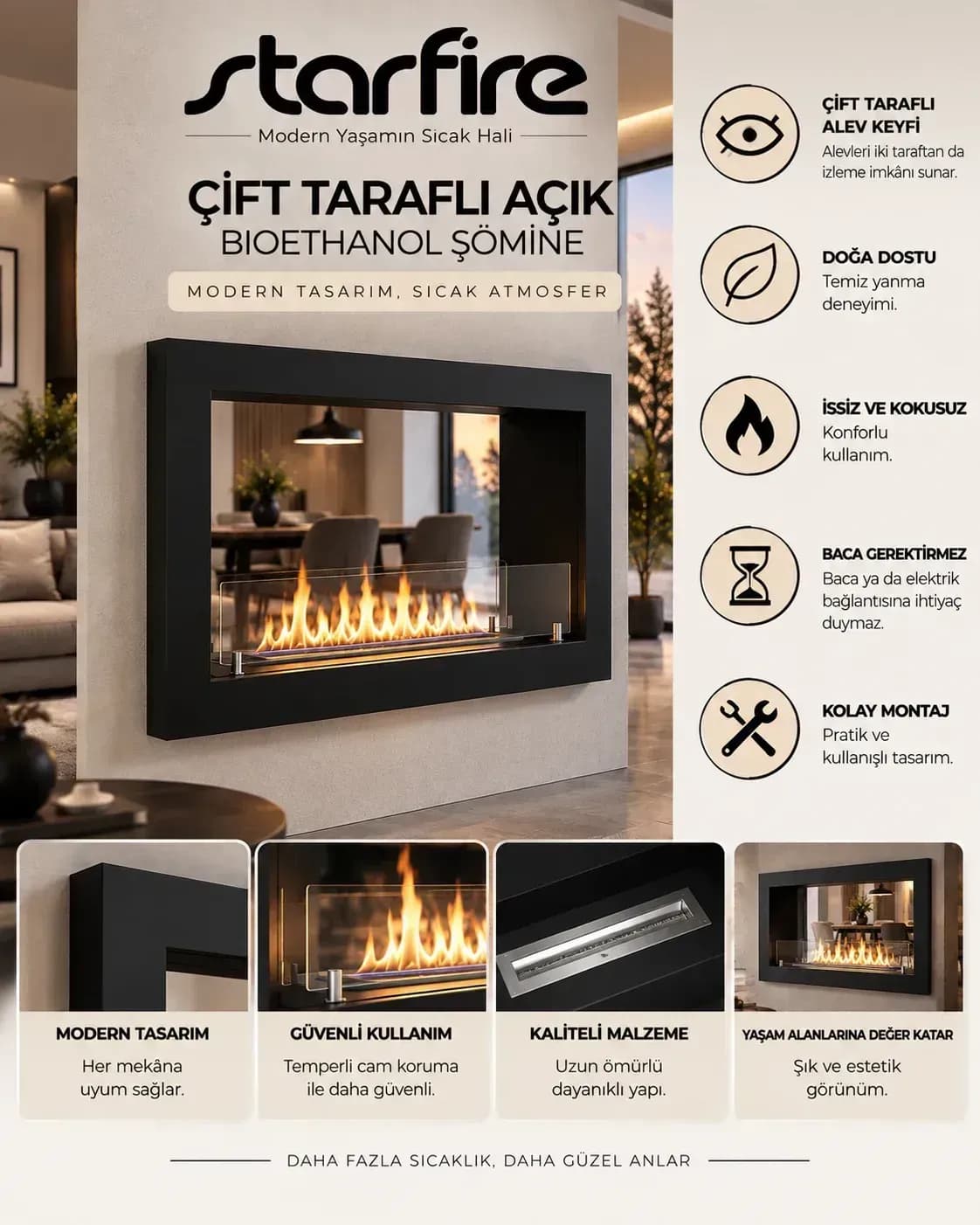 Büyütmek için çift tıklayın Starfire Çift Taraf Açık Duvar Tipi Bioetanol Şömine 60 cm - Siyah ürün görseli