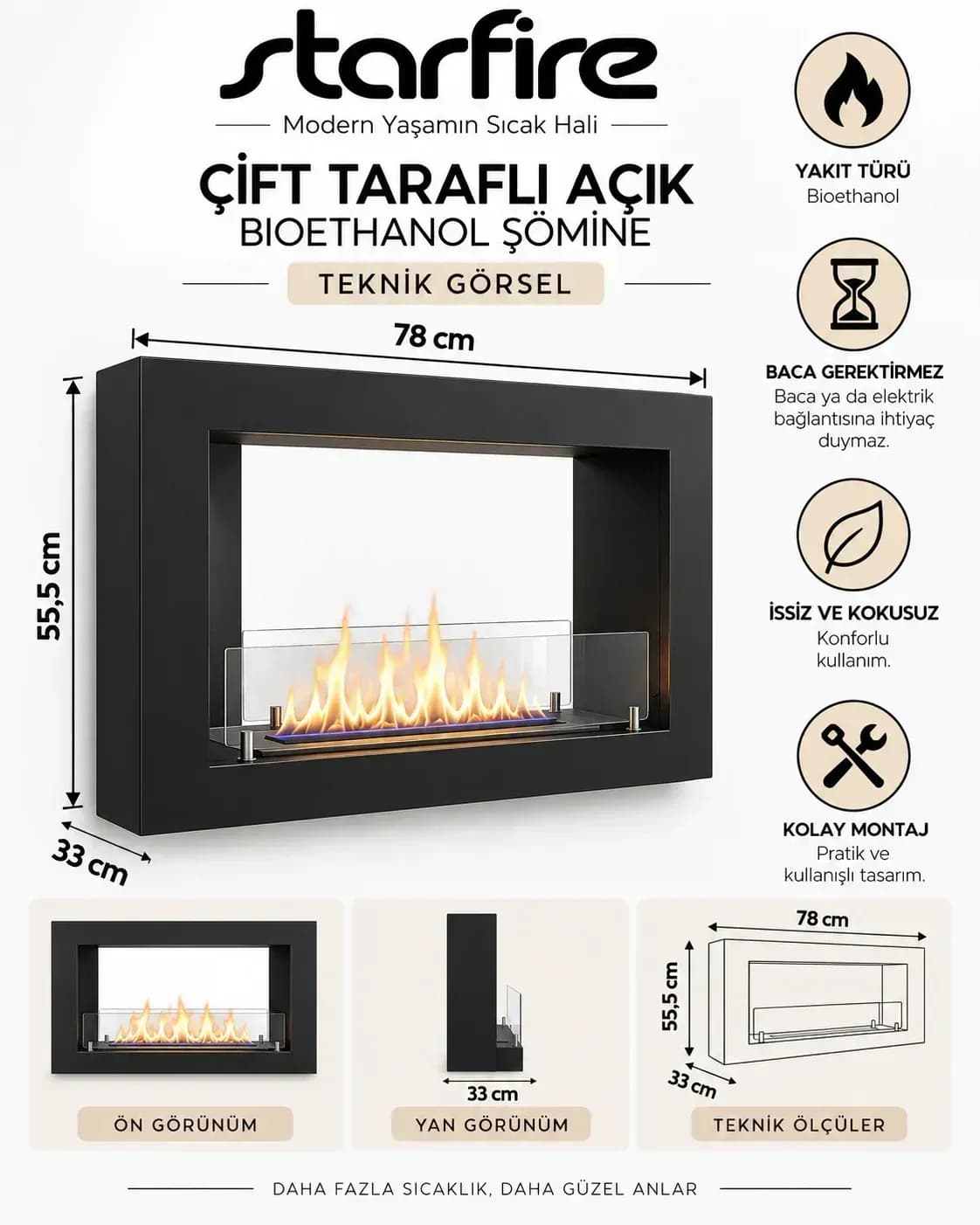 Büyütmek için çift tıklayın Starfire Çift Taraf Açık Duvar Tipi Bioetanol Şömine 60 cm - Siyah ürün görseli