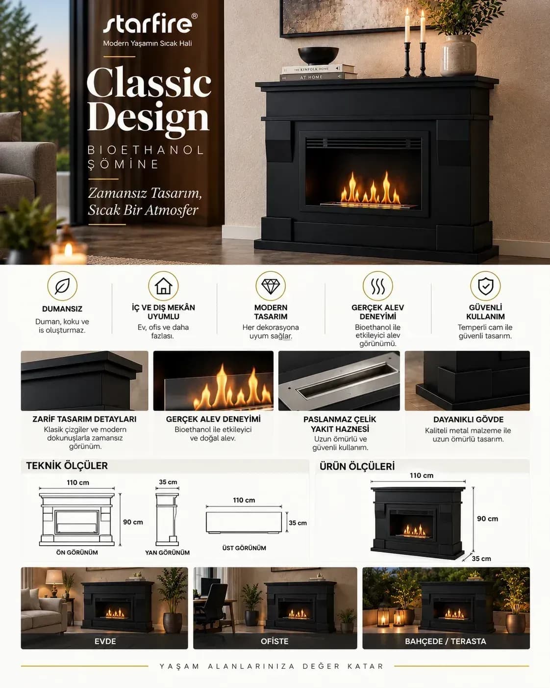 Büyütmek için çift tıklayın Starfire Classic Design Yer Tipi Bioetanol Şömine - Siyah ürün görseli