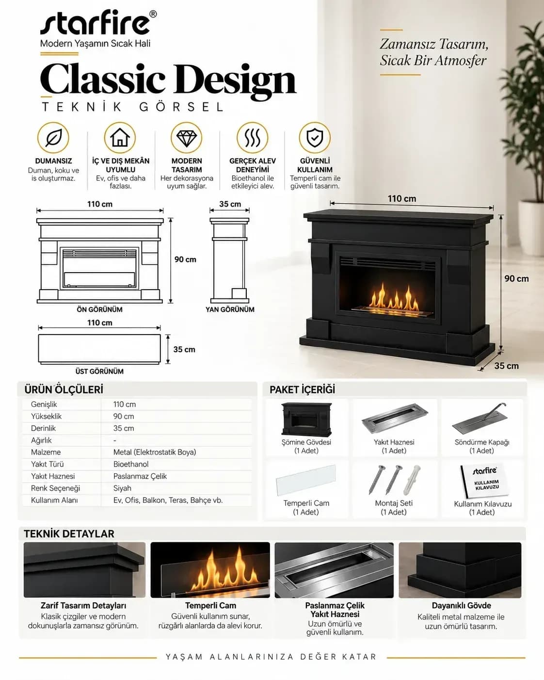 Büyütmek için çift tıklayın Starfire Classic Design Yer Tipi Bioetanol Şömine - Siyah ürün görseli