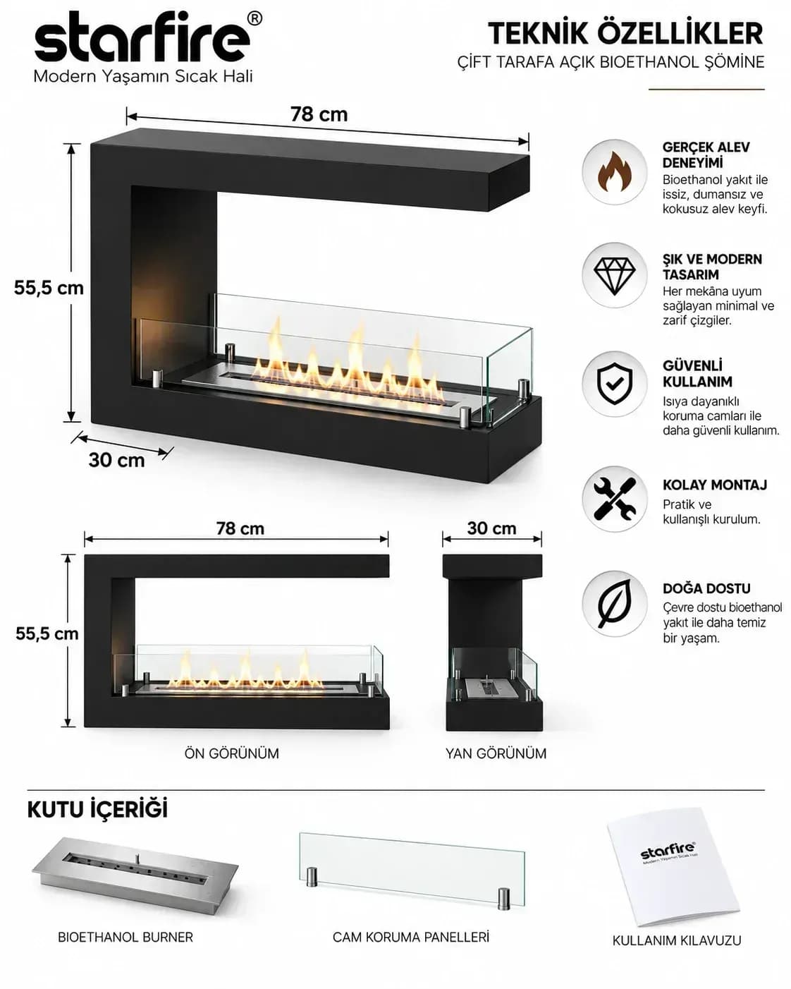 Büyütmek için çift tıklayın Starfire C Tipi Duvar Tipi Bioetanol Şömine 60 cm - Siyah ürün görseli