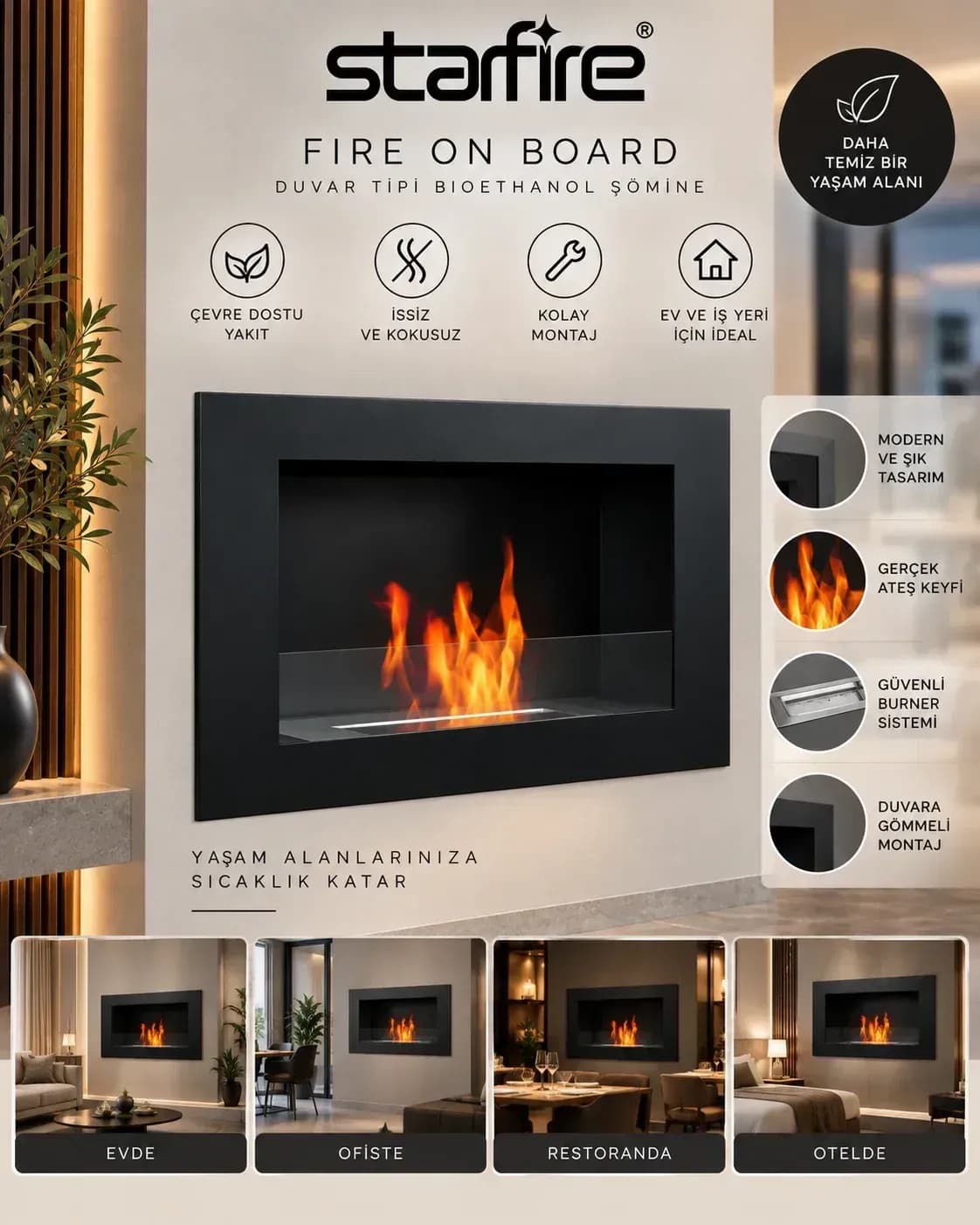 Büyütmek için çift tıklayın Starfire Fire On Board Duvar Tipi Bioetanol Şömine 45 cm - Siyah ürün görseli