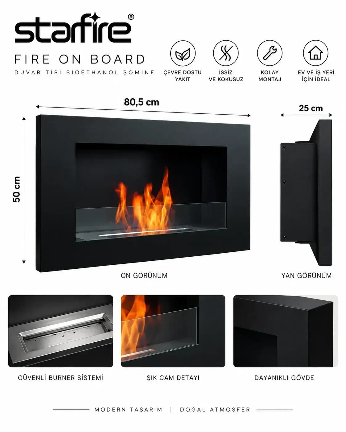 Büyütmek için çift tıklayın Starfire Fire On Board Duvar Tipi Bioetanol Şömine 45 cm - Siyah ürün görseli
