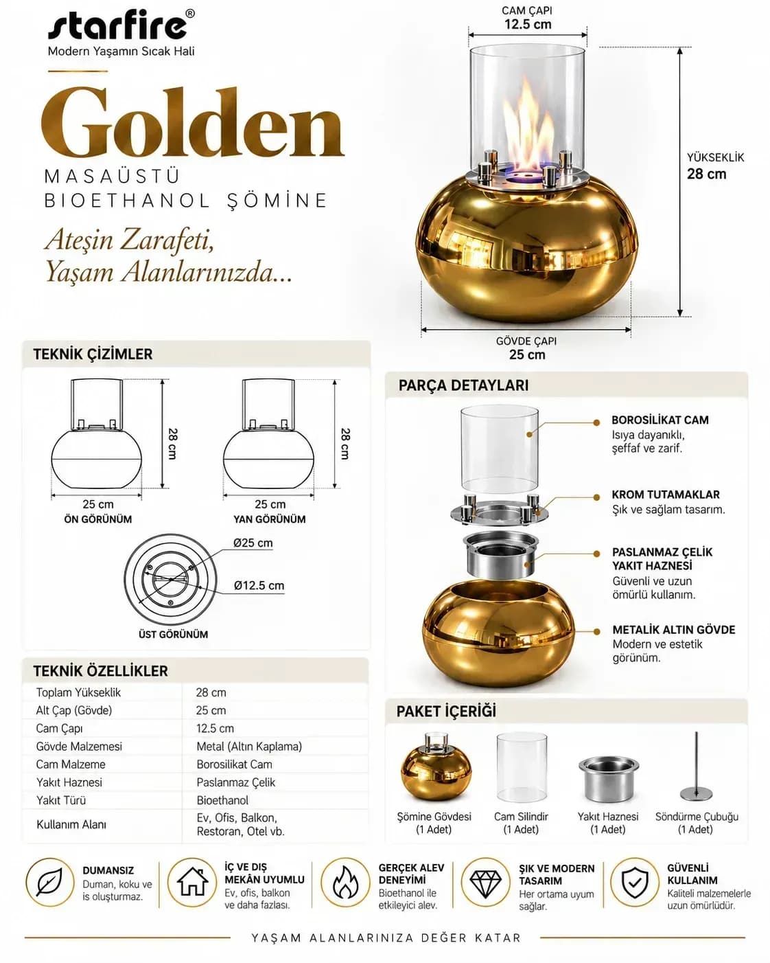 Büyütmek için çift tıklayın Golden Masaüstü Bioetanol Şömine (Altın) ürün görseli
