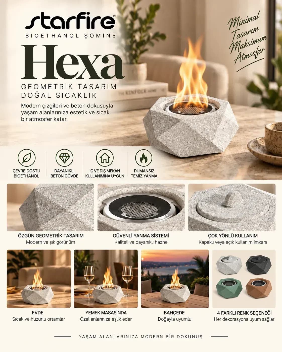 Büyütmek için çift tıklayın Hexa Masaüstü Bioetanol Şömine (Beyaz) ürün görseli