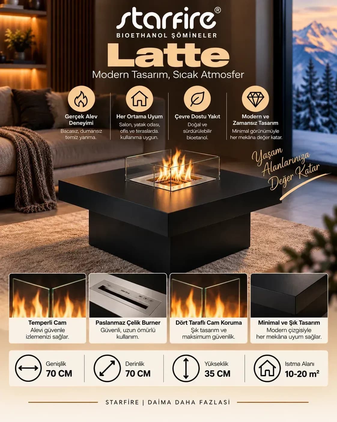 Büyütmek için çift tıklayın Starfire Latte Small Yer Tipi Bioetanol Şömine - Siyah ürün görseli