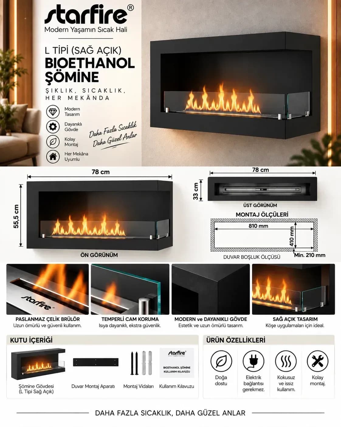 Büyütmek için çift tıklayın Starfire L Tipi Sağ Açık Duvar Tipi Bioetanol Şömine 60 cm - Siyah ürün görseli