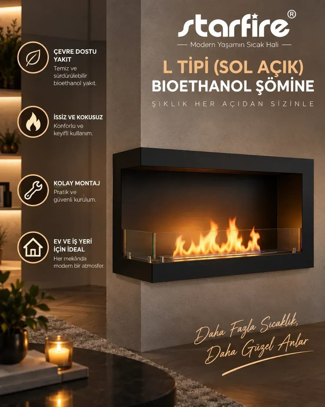 Büyütmek için çift tıklayın Starfire L Tipi Sol Açık Duvar Tipi Bioetanol Şömine 60 cm - Siyah ürün görseli