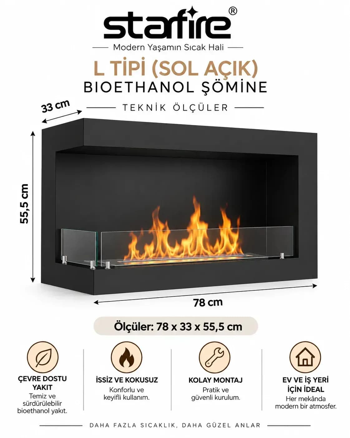 Büyütmek için çift tıklayın Starfire L Tipi Sol Açık Duvar Tipi Bioetanol Şömine 60 cm - Siyah ürün görseli