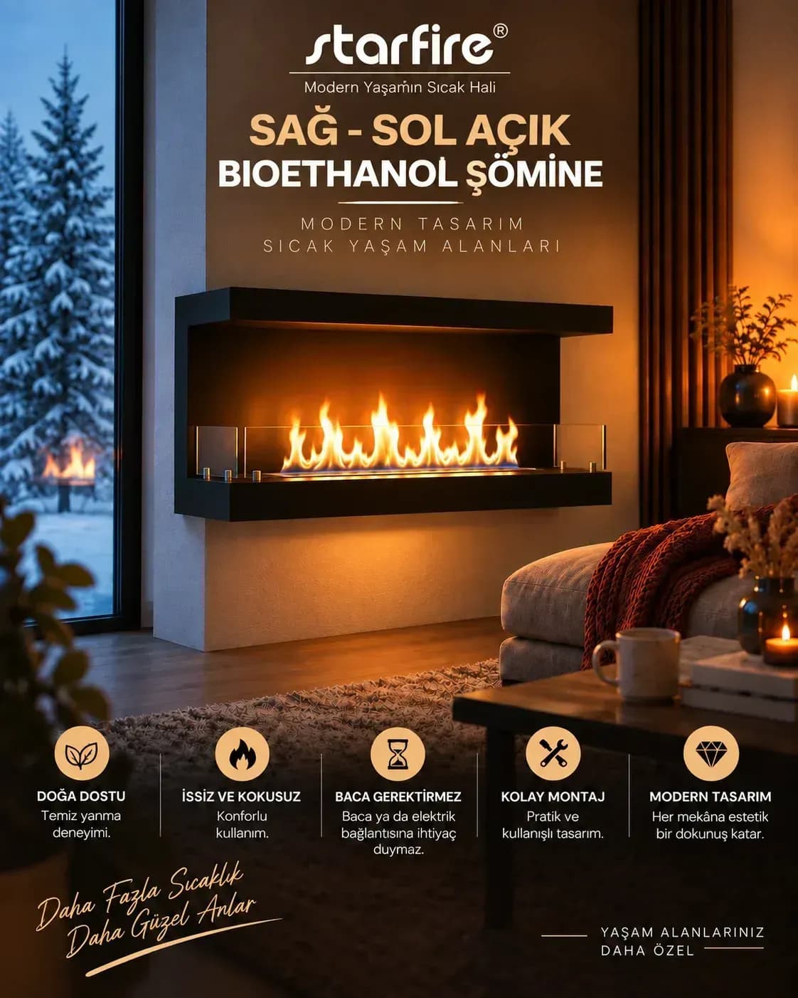 Büyütmek için çift tıklayın Starfire L Tipi Sol-Sağ Açık Duvar Tipi Bioetanol Şömine 60 cm - Siyah ürün görseli