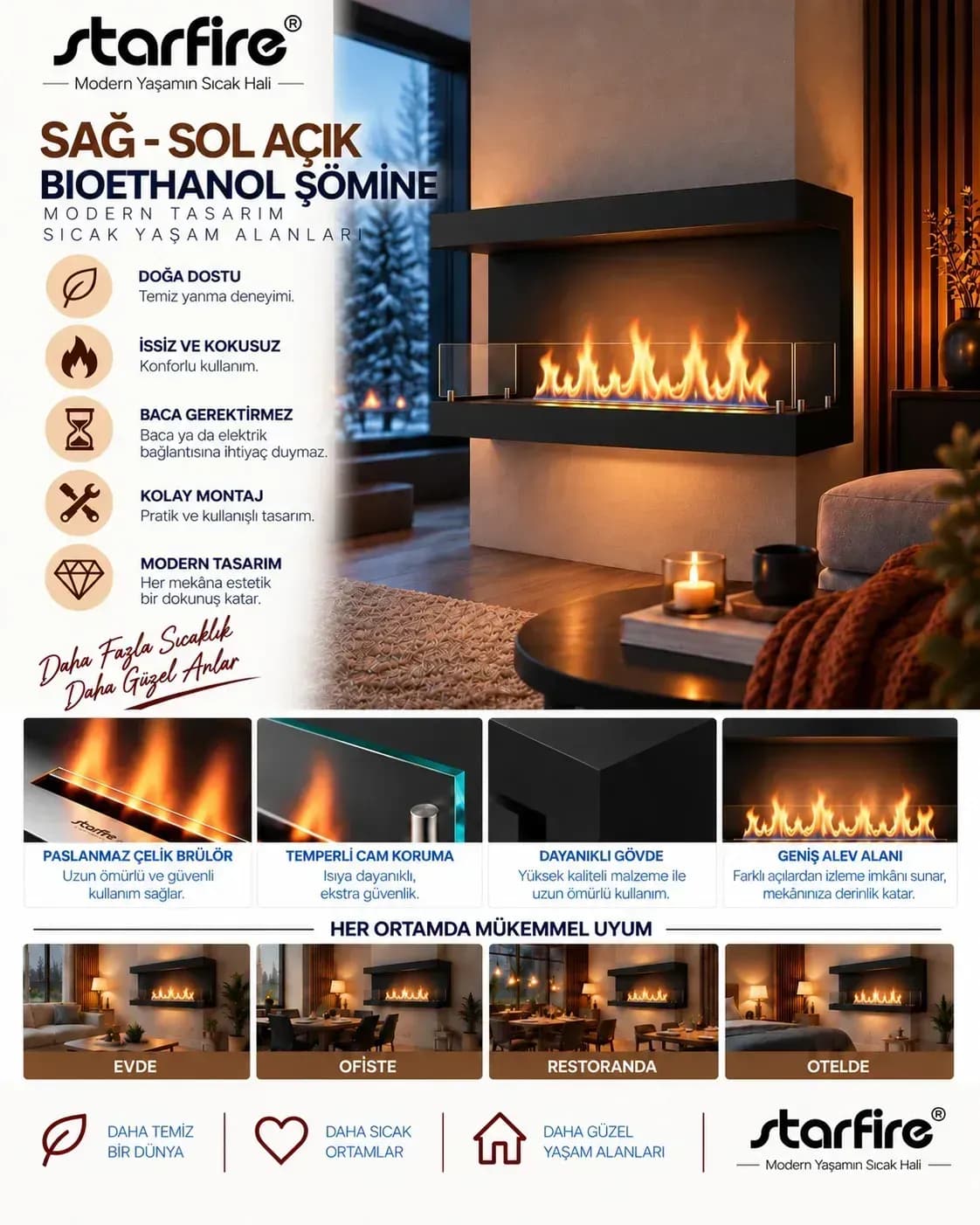 Büyütmek için çift tıklayın Starfire L Tipi Sol-Sağ Açık Duvar Tipi Bioetanol Şömine 60 cm - Siyah ürün görseli