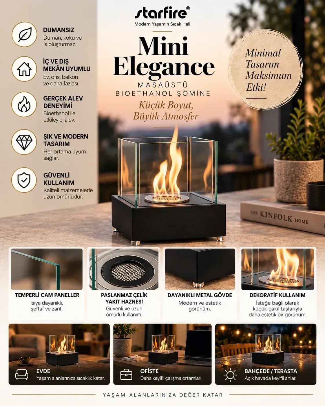 Büyütmek için çift tıklayın Mini Elegance Masaüstü Bioetanol Şömine (Siyah) ürün görseli