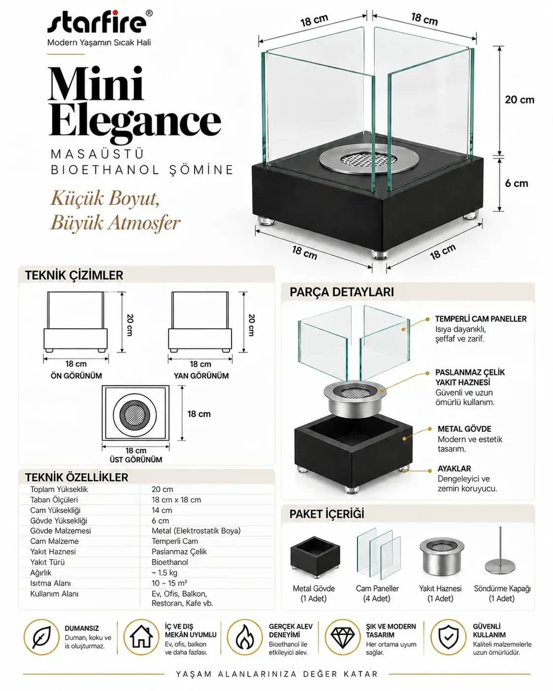 Büyütmek için çift tıklayın Mini Elegance Masaüstü Bioetanol Şömine (Siyah) ürün görseli