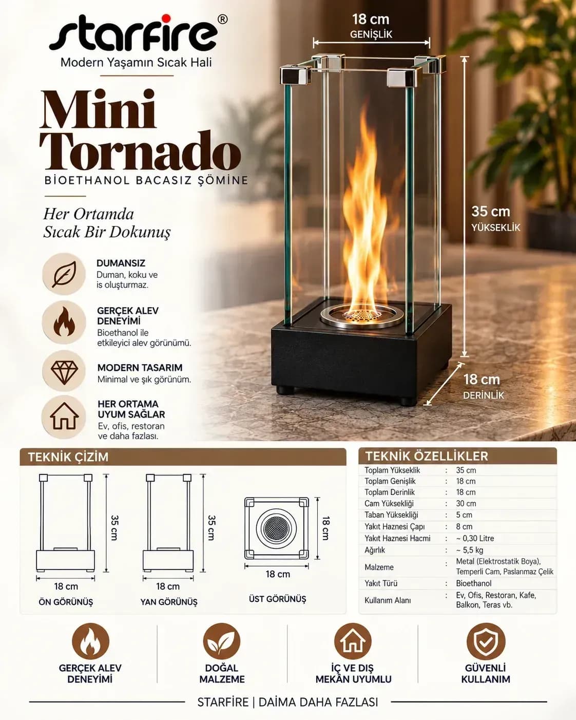 Büyütmek için çift tıklayın Mini Tornado Masaüstü Bioetanol Şömine (Siyah) ürün görseli
