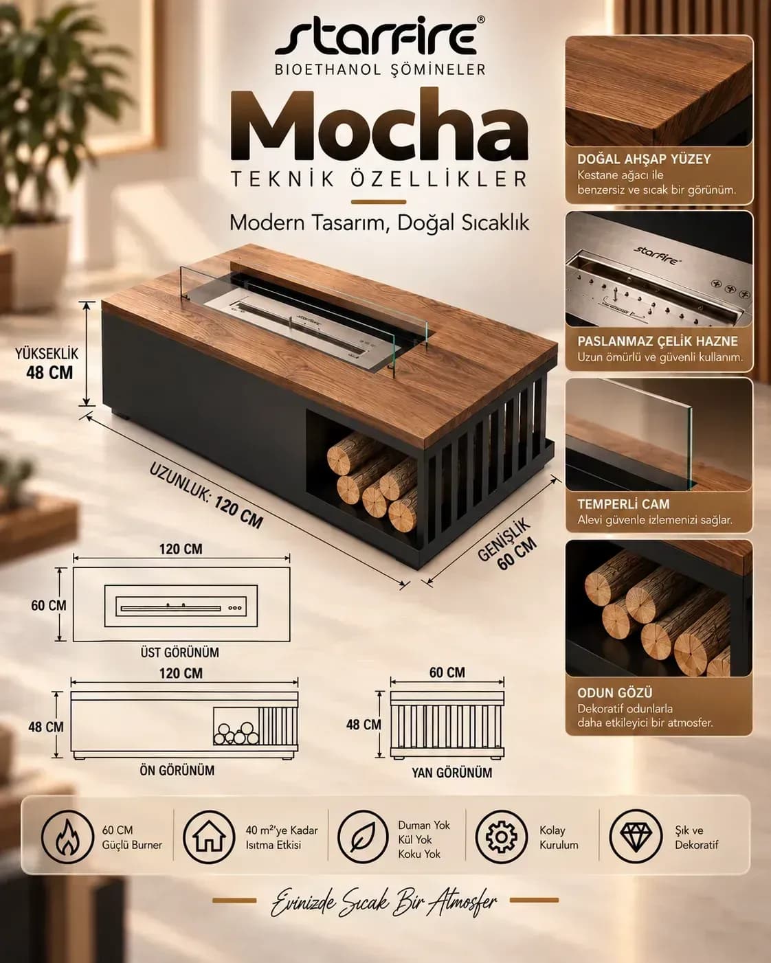 Büyütmek için çift tıklayın Starfire Mocha Yer Tipi Bioetanol Şömine - Siyah & Ahşap ürün görseli