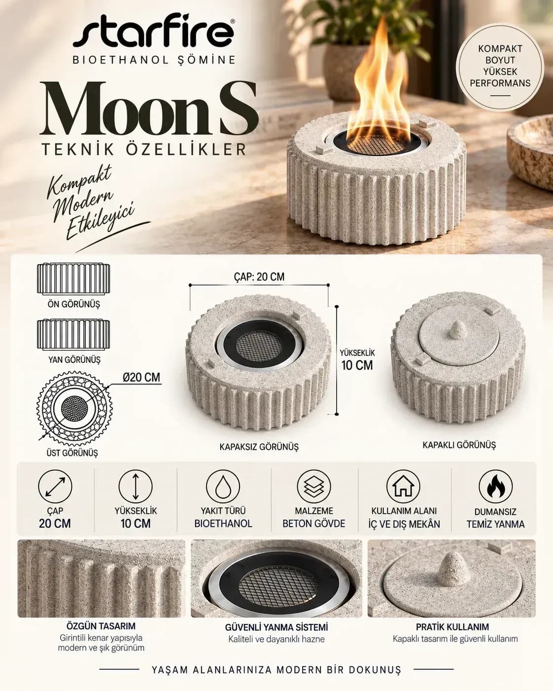 Büyütmek için çift tıklayın Moon S Masaüstü Bioetanol Şömine (Beyaz) ürün görseli