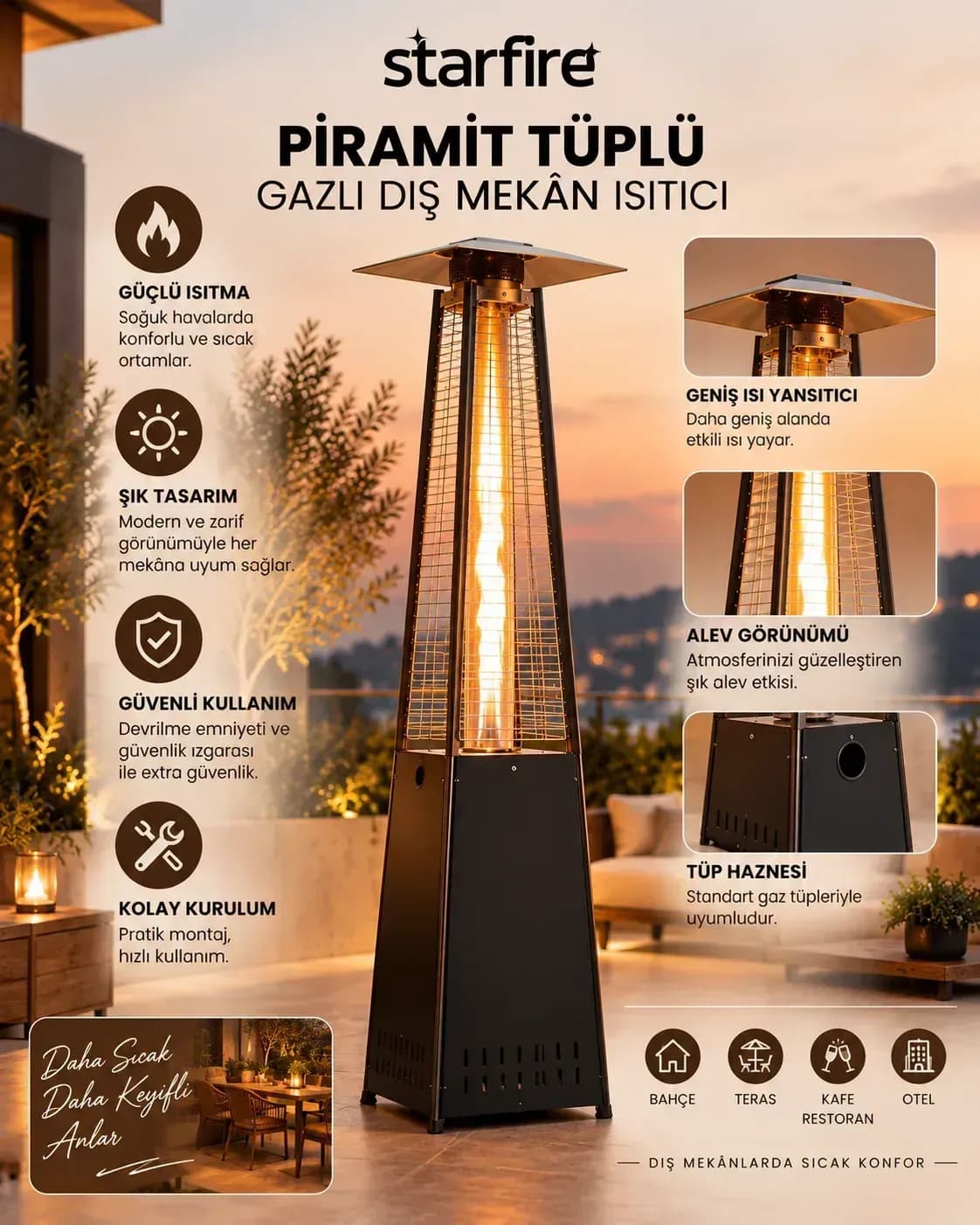Büyütmek için çift tıklayın Starfire Piramit Tüplü Gazlı Dış Mekân Isıtıcı - Siyah ürün görseli