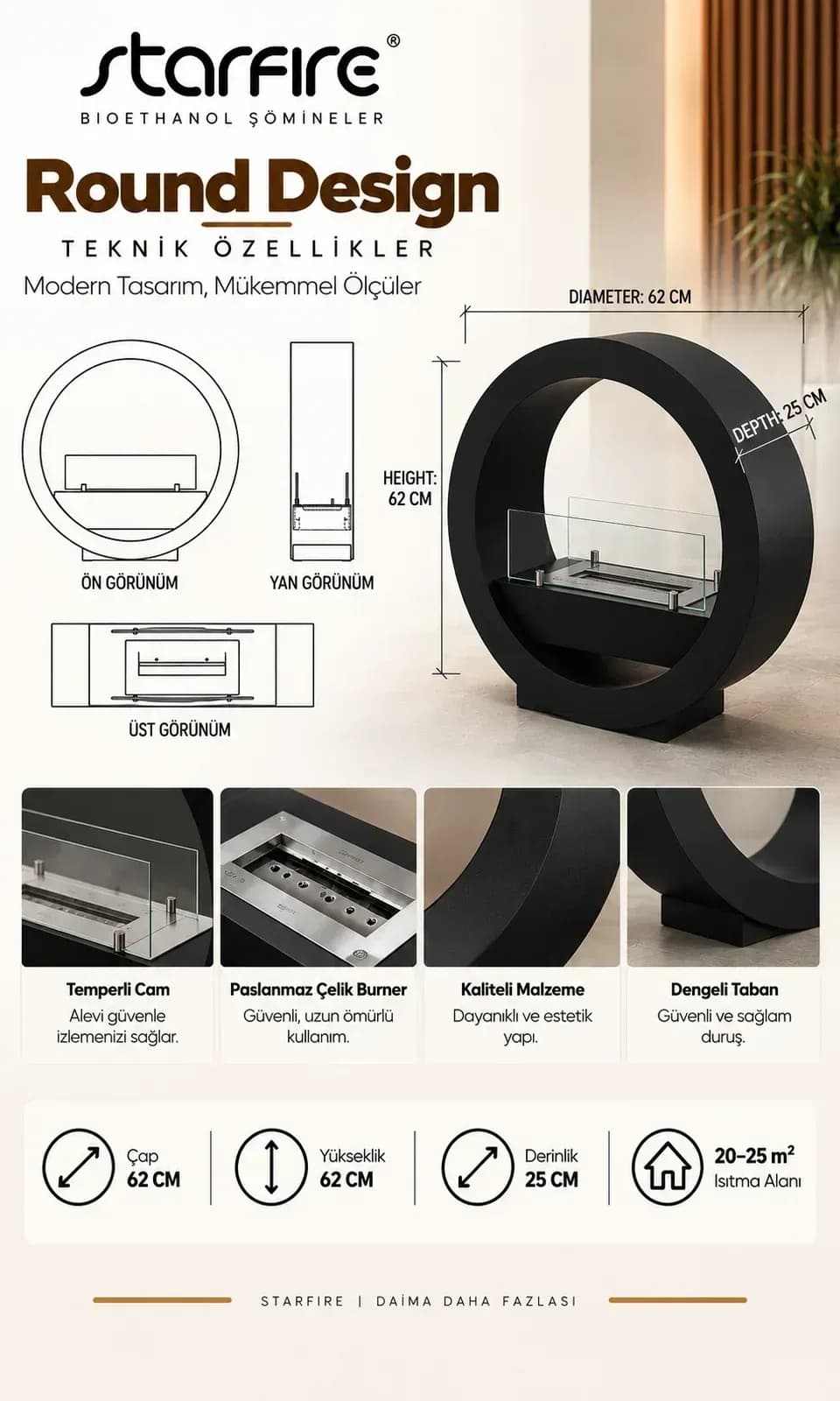 Büyütmek için çift tıklayın Starfire Round Design Yer Tipi Bioetanol Şömine - Siyah ürün görseli