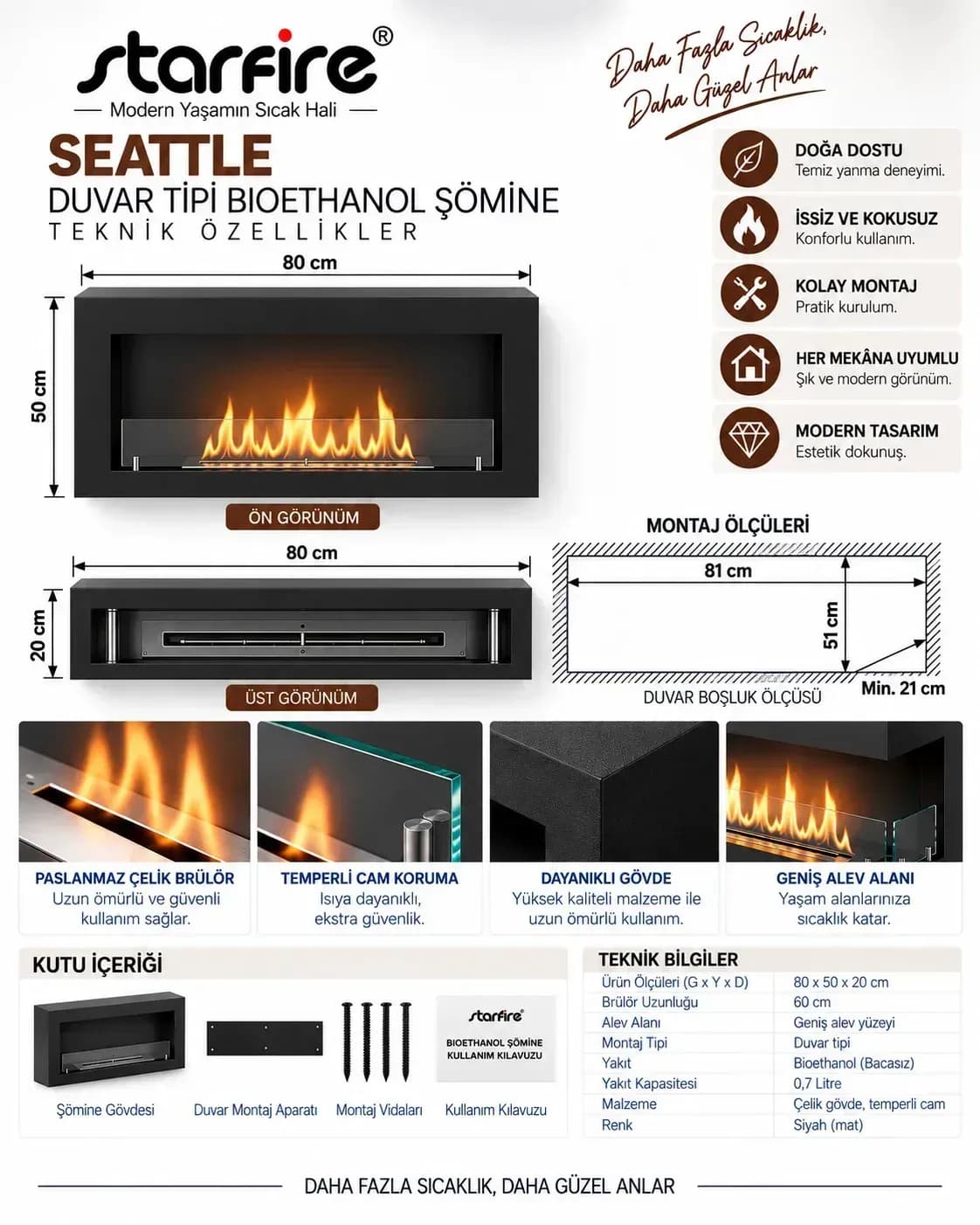 Büyütmek için çift tıklayın Starfire Seattle Duvar Tipi Bioetanol Şömine 45 cm - Siyah ürün görseli