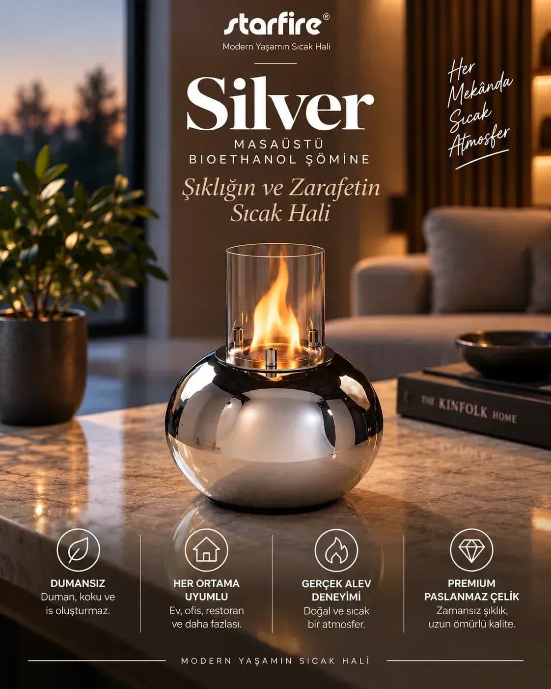 Büyütmek için çift tıklayın Silver Masaüstü Bioetanol Şömine (Gümüş) ürün görseli