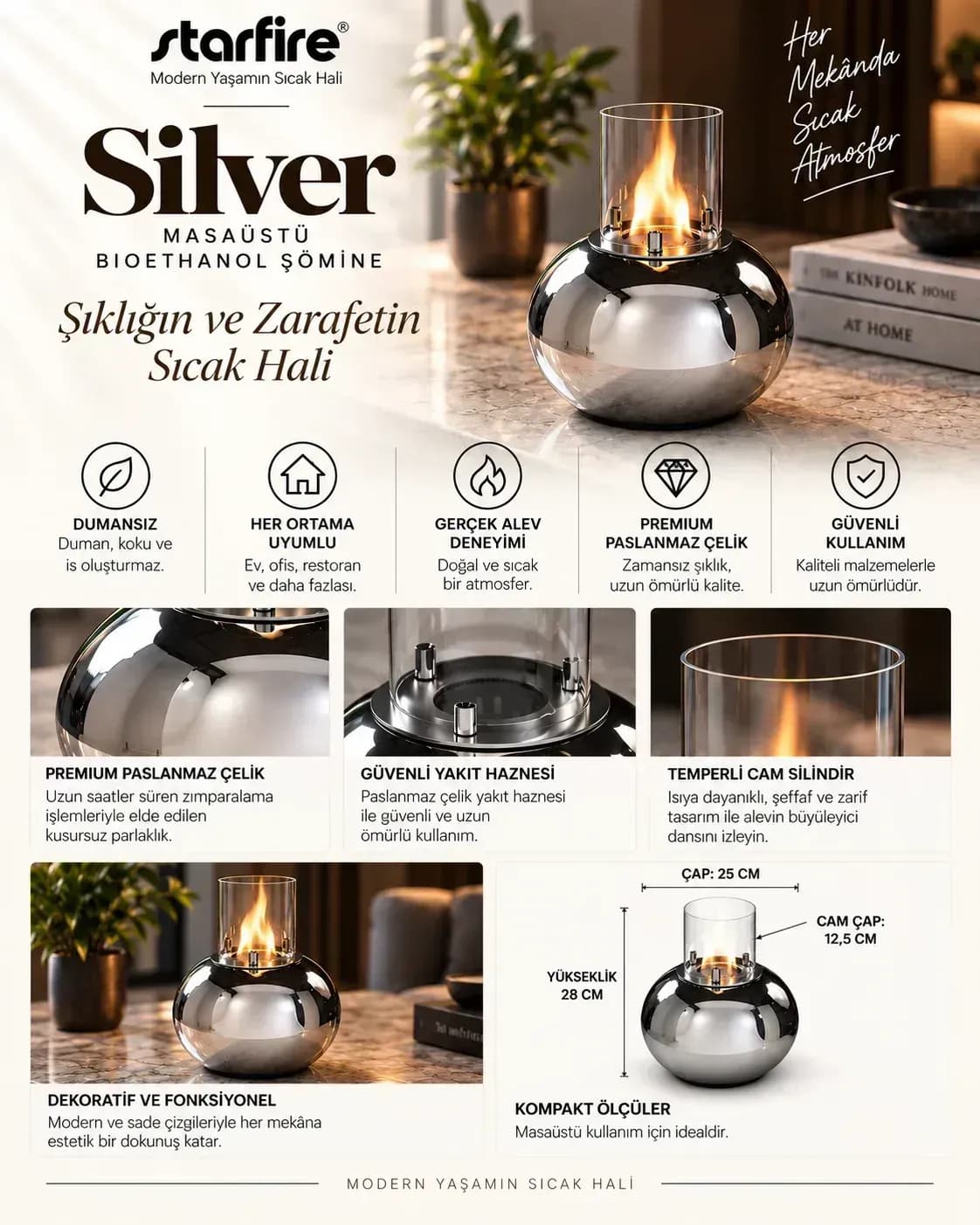 Büyütmek için çift tıklayın Silver Masaüstü Bioetanol Şömine (Gümüş) ürün görseli