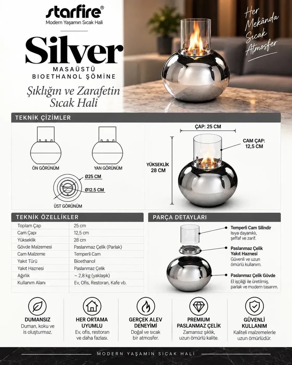 Büyütmek için çift tıklayın Silver Masaüstü Bioetanol Şömine (Gümüş) ürün görseli