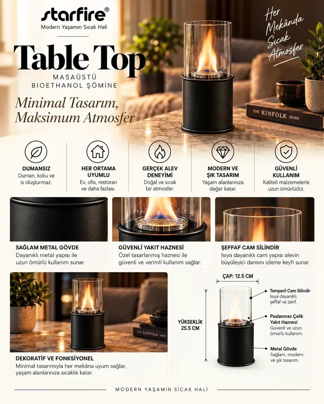 Büyütmek için çift tıklayın Table Top Masaüstü Bioetanol Şömine (Metal) ürün görseli