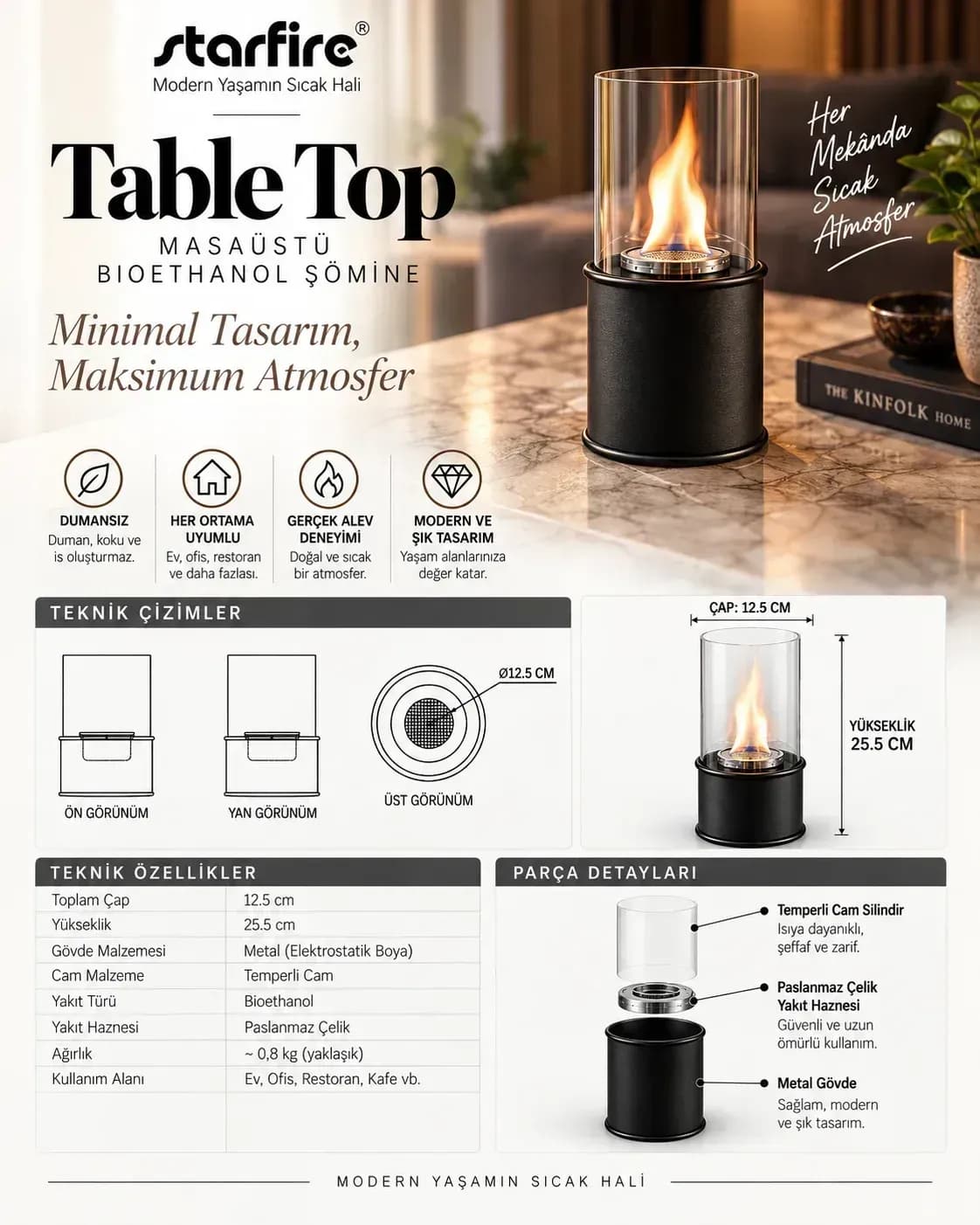 Büyütmek için çift tıklayın Table Top Masaüstü Bioetanol Şömine (Metal) ürün görseli