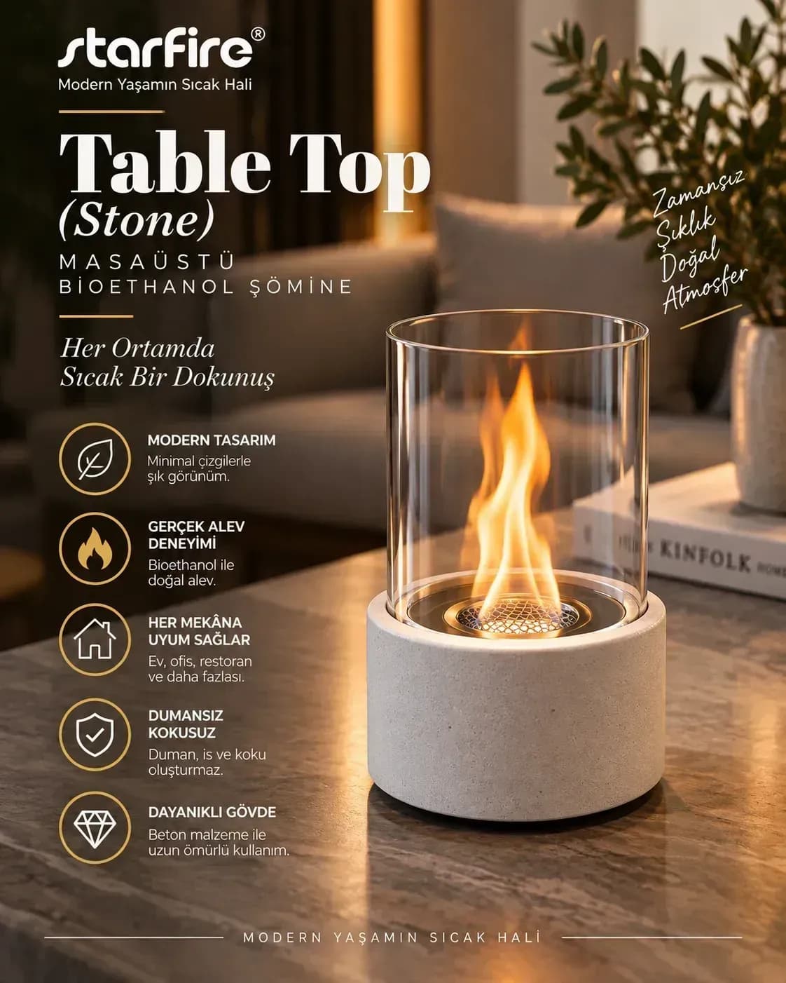 Büyütmek için çift tıklayın Table Top Stone Masaüstü Bioetanol Şömine (Beyaz) ürün görseli
