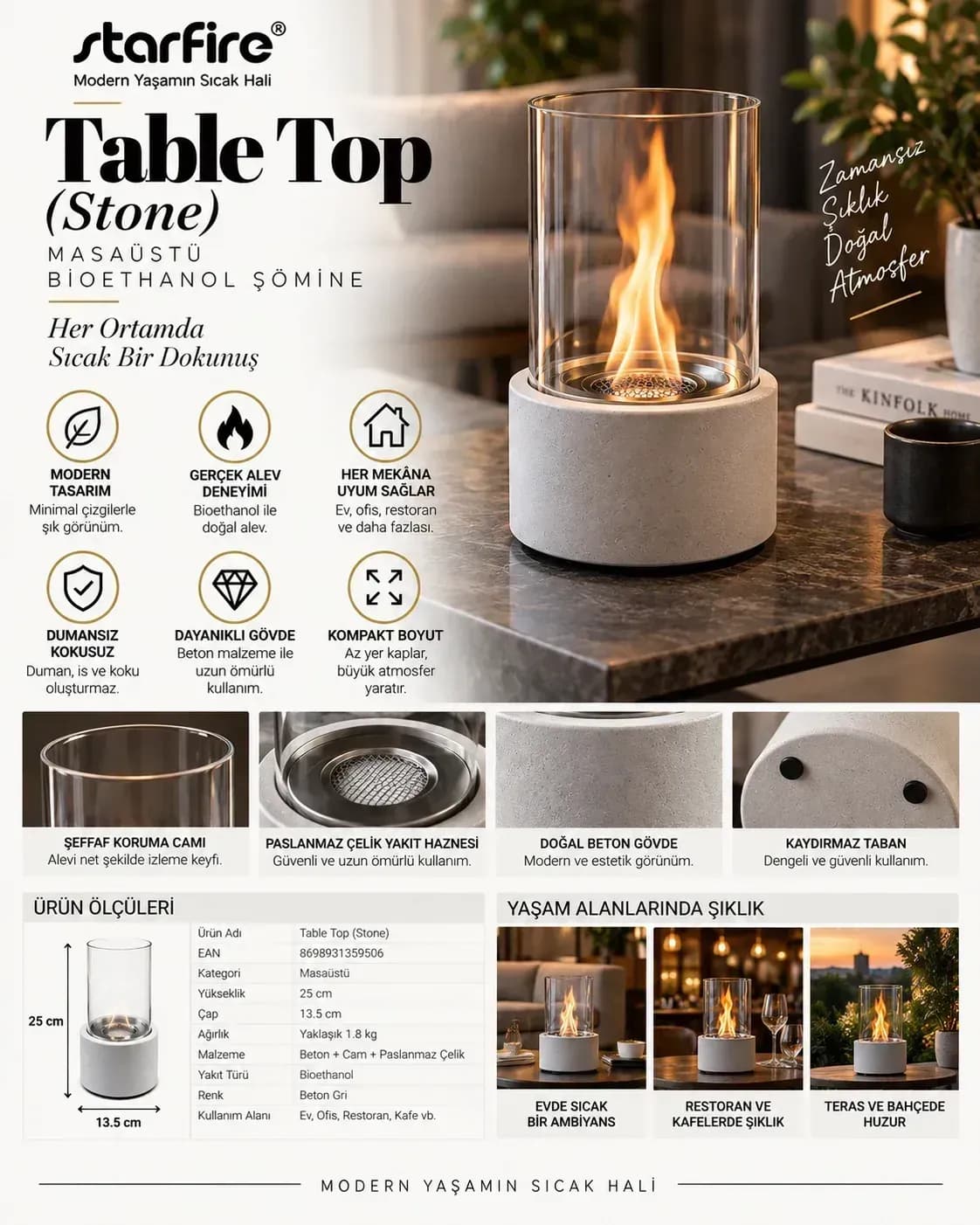 Büyütmek için çift tıklayın Table Top Stone Masaüstü Bioetanol Şömine (Beyaz) ürün görseli