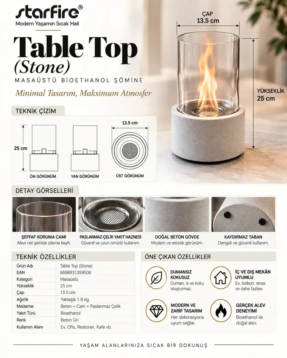 Büyütmek için çift tıklayın Table Top Stone Masaüstü Bioetanol Şömine (Beyaz) ürün görseli