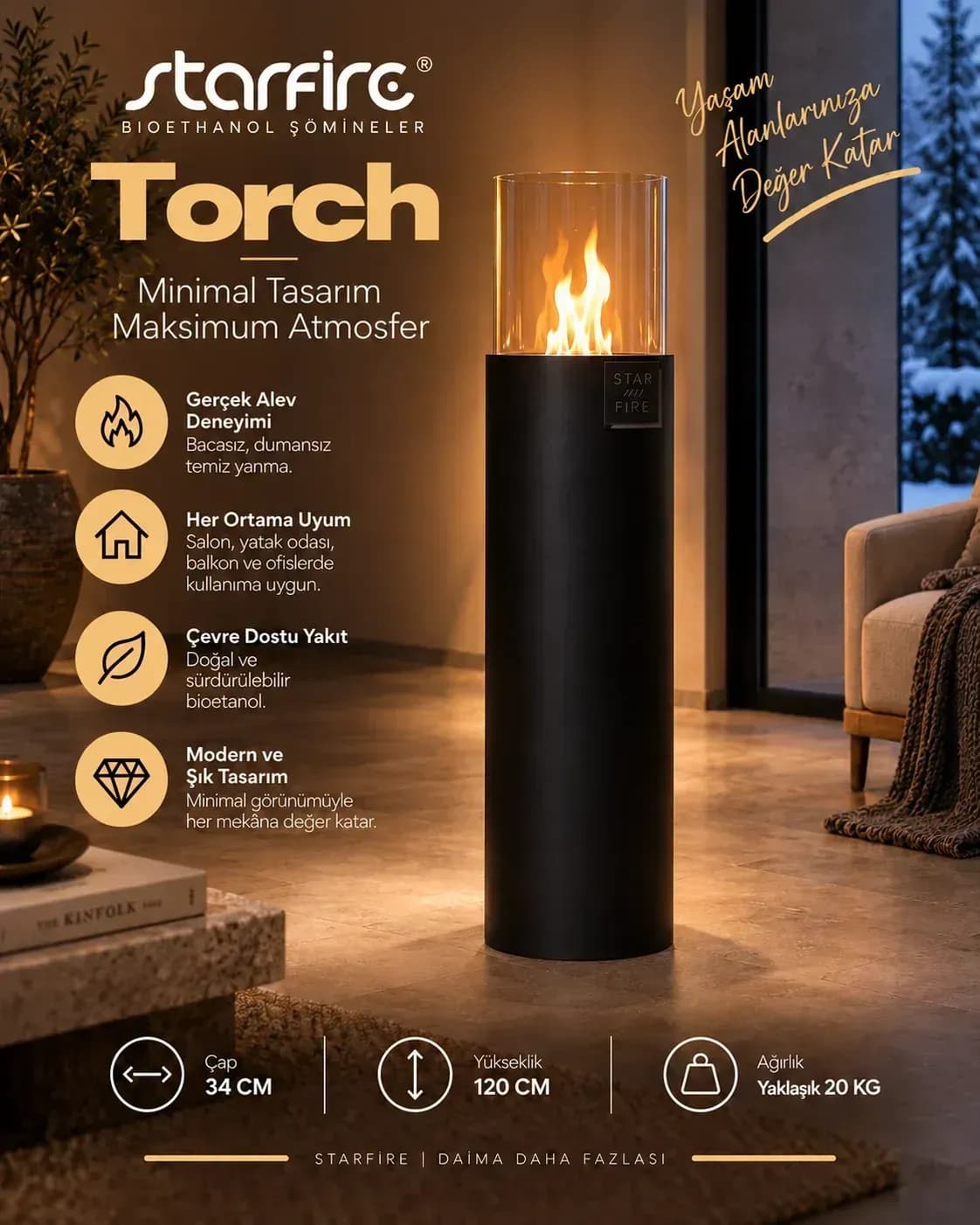 Büyütmek için çift tıklayın Starfire Torch 120 cm Yer Tipi Bioetanol Şömine - Siyah ürün görseli